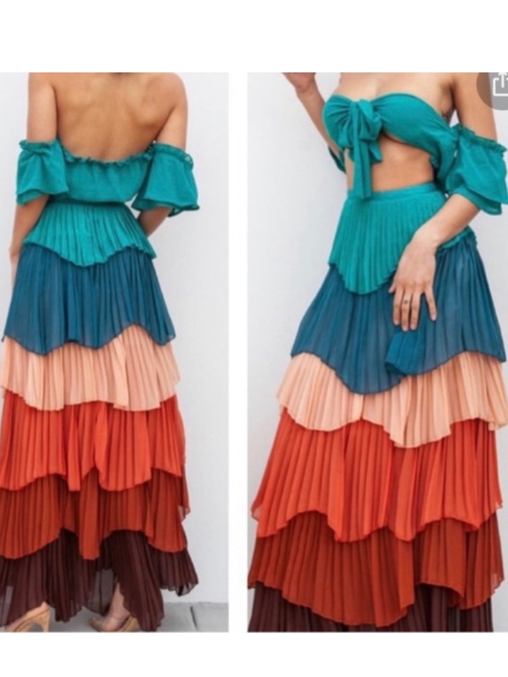 L'ATISTE Teal, Blue, Peach, Rust & Brown Tiered Ruffle Maxi skirt set NWT sz L